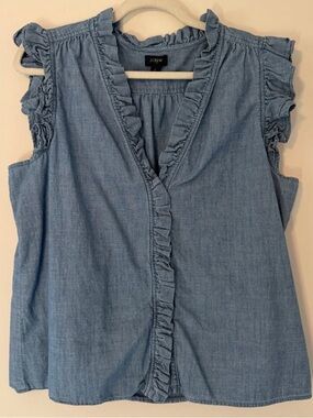J Crew Factory Sleeve Ruffle Top for Women Denim Chambray Sleeveless Blouse Sz L
